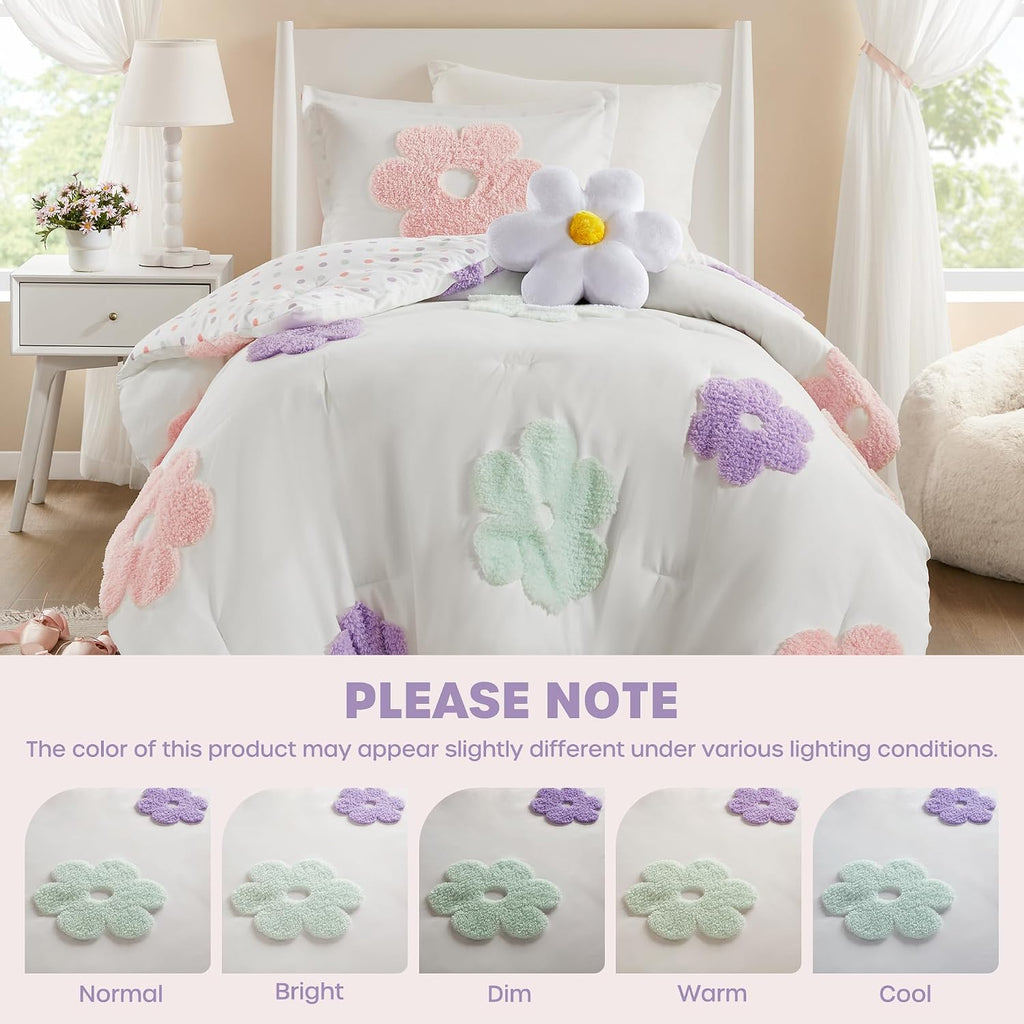 Kids Twin Comforter Set for Girls, Tufted Chenille Floral Comforter Set Twin, Lightweight Polka Dot Comforter