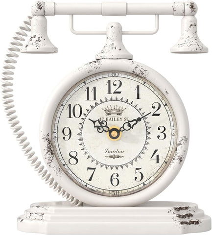 Vintage Table Clock, Desk and Shelf Decor Clock, White Antique Telephone Style Mantel Clocks, for Living Room