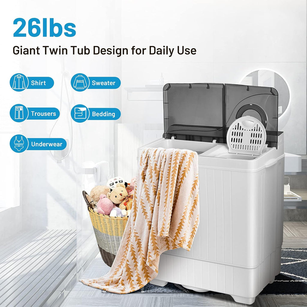 Washing Machine Semi-automatic, Twin Tub Washer with Spin Dryer, 26lbs Capacity, Built-in Drain Pump, Portable Laundry