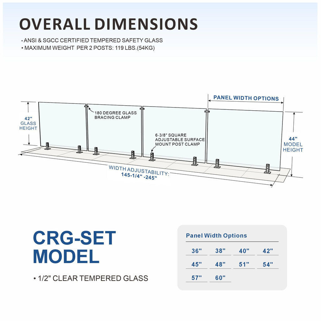 3 Panel Deck Railing Kit, 166-169" W X 44" H Glass Railing System
