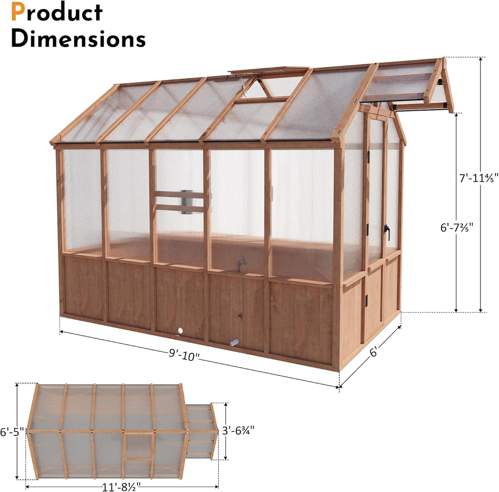 Shade EverBloom 6.5'x10' Wooden Greenhouse, 8' Extra-Tall Cedar Wood Greenhouse with Built-in Outdoor Faucet Kit