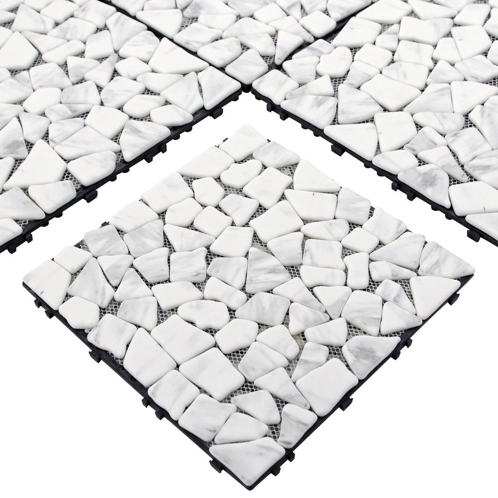 4PCS Natural Pebble Interlocking Deck Tiles, 12" x 12" Recycled Glass Marble Looks Waterproof Patio Deck, Outdoor &