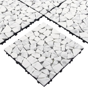 4PCS Natural Pebble Interlocking Deck Tiles, 12" x 12" Recycled Glass Marble Looks Waterproof Patio Deck, Outdoor &