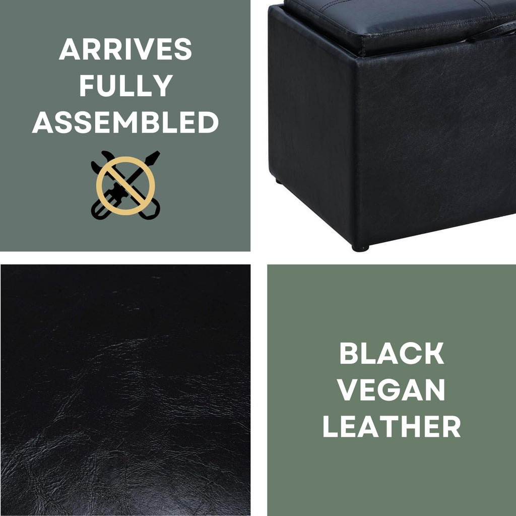 Designs4Comfort Accent Storage Ottoman 22.75" - Modern Foot Stool with Decorative Tray, Black Faux Leather