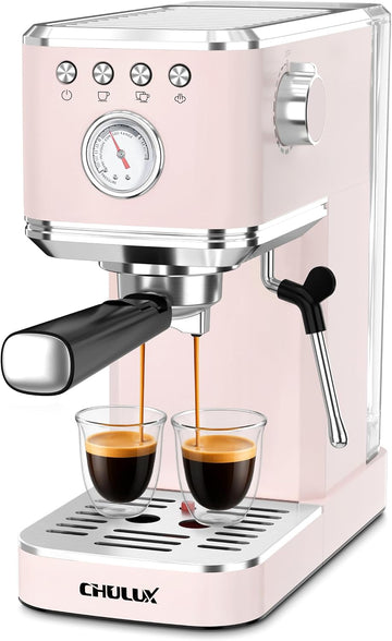 Slim Espresso Machine with Milk Frother Cappuccino, Pink | Precise Pressure Gauge, Food-Grade Materials, 20 Bar