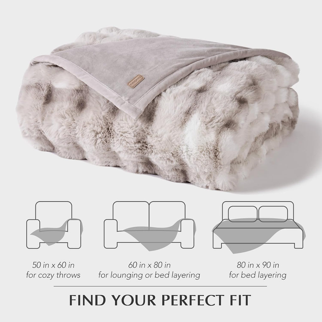 Faux Rabbit Fur Bubble Throw Blanket, 90"x90", Light Grey | Ultra Soft, Luxury Faux Rabbit Fur Throw, Thick Warm