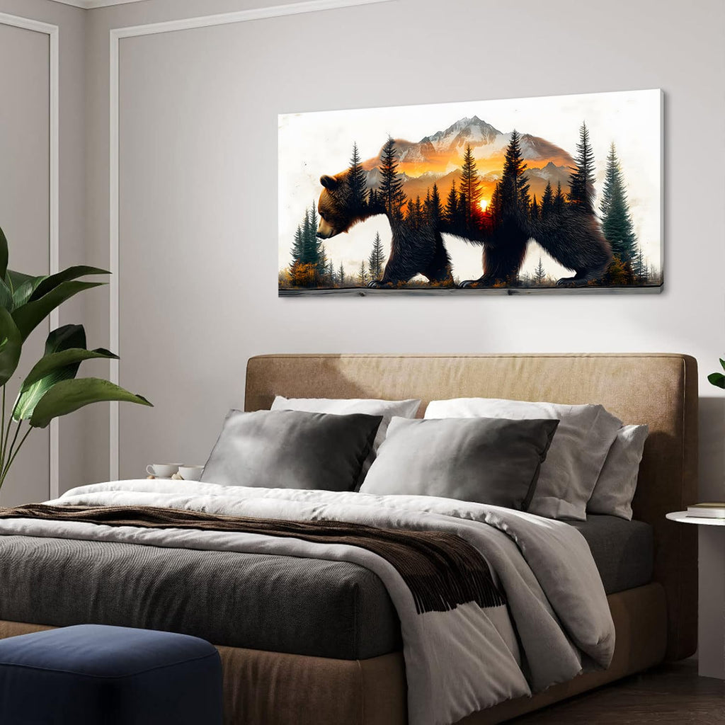 Brown Bear Forest Wall Art Office Retro Sunset Snow Mountain Rustic Wildlife Painting Prints Vintage Modern Art Deco