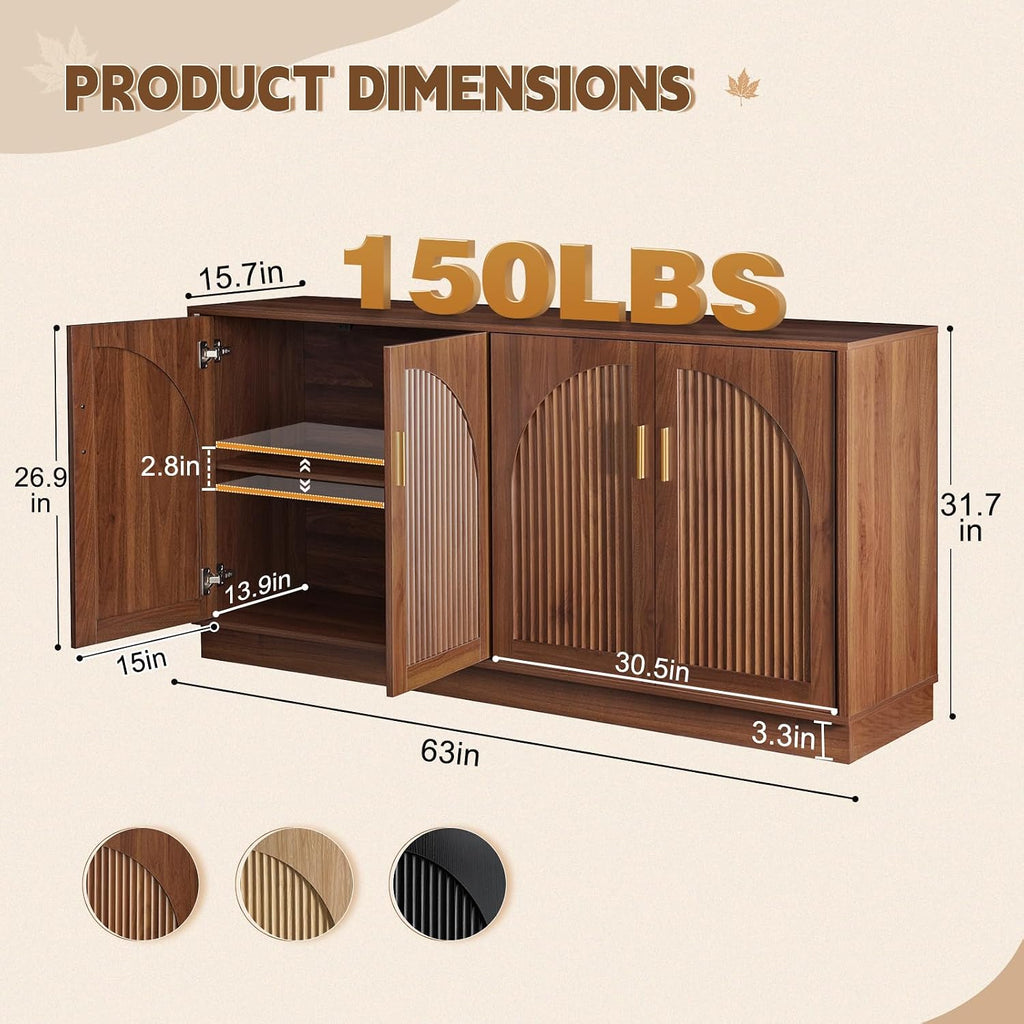 63" Fluted Sideboard Buffet Cabinet with Storage, 4 Arched Doors, Mid Century Modern Accent Cabinet, Credenza, Media