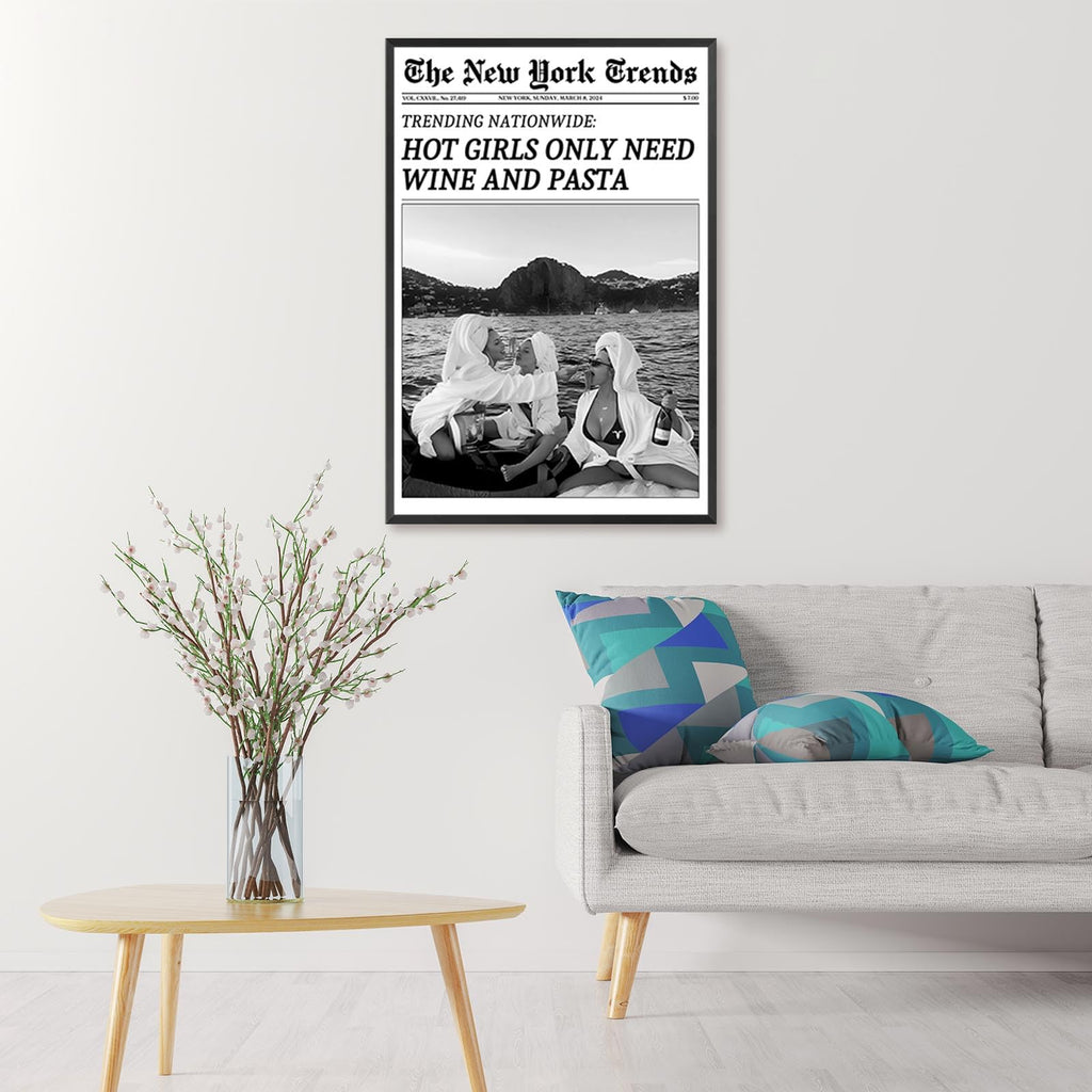 Vintage Trendy Black And White Newspaper Print Poster Retro Times Canvas Wall Art Funky Hot Girls Eating Pasta Prints