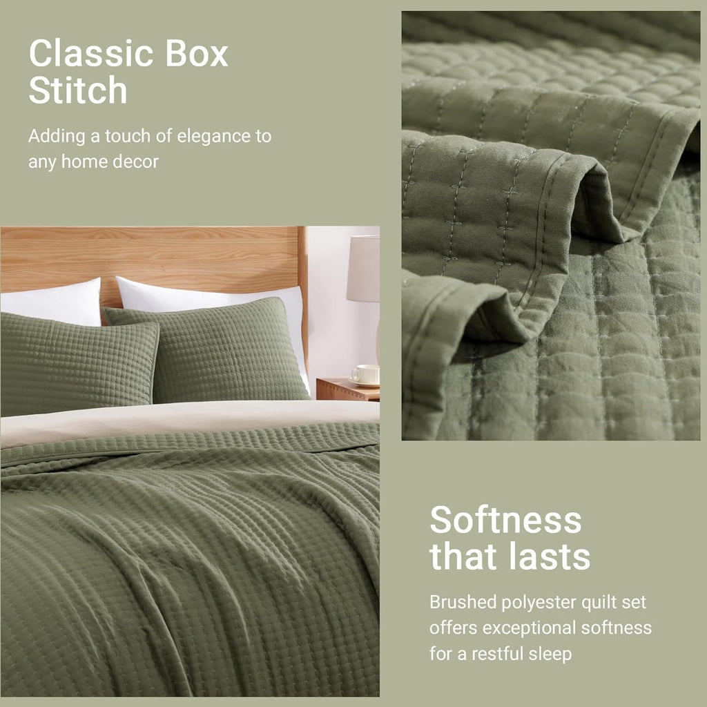 Queen Quilt-3 Pieces Lightweight Bedspreads Olive Green Queen Quilt Bedding Set for All Seasons, Soft Summer Coverlet