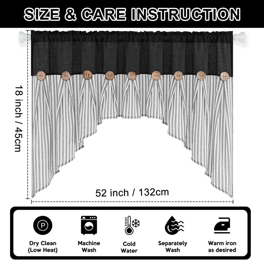 Farmhouse Cotton Linen Swag Valances for Windows, Boho Kitchen Curtains Valances with Rustic Buttons, Black Striped