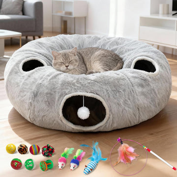 4-Holes Cat Tunnels for Indoor Cats, Plush Donut Cat Bed Tunnel Grey