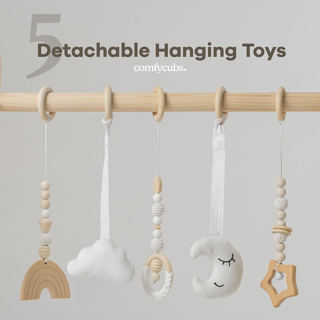 Wooden Baby Play Gym - Natural Finish Pinewood Baby Activity Gym with 5 Sensory Hanging Toys - Easy No-Tool Assembly