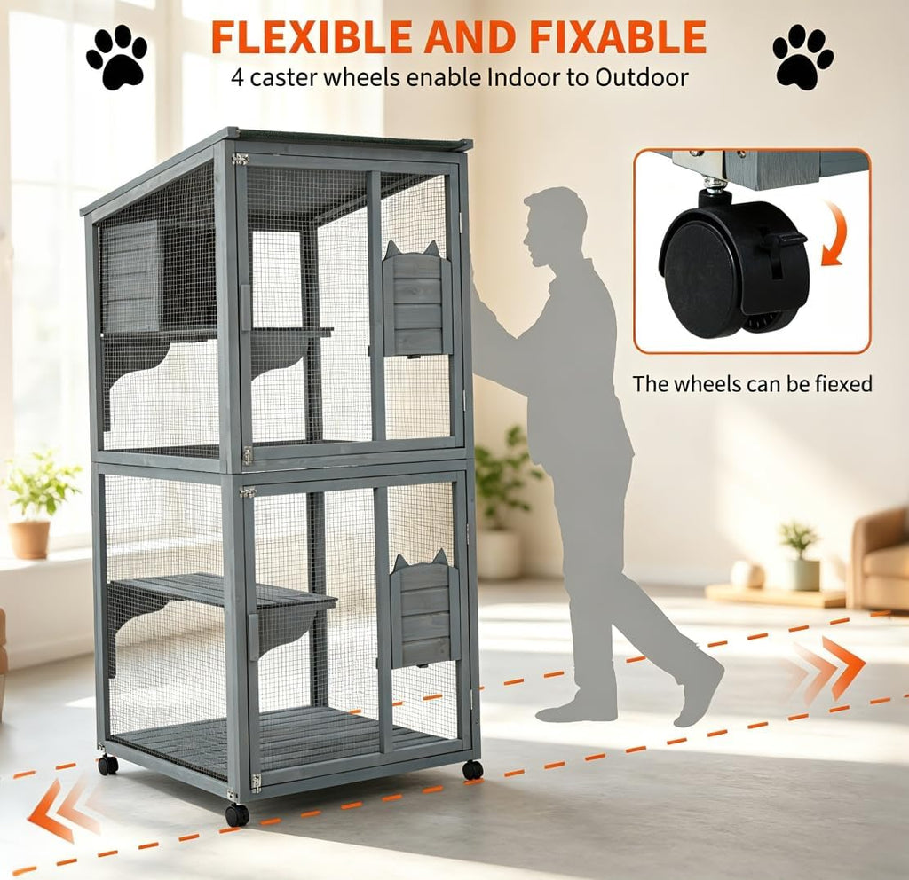 4-Tier 69" H Wooden Cat Enclosure Catio Indoor/Outdoor Cat House