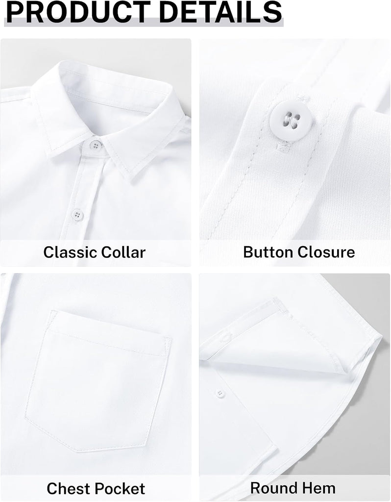 Boys Long Sleeve Dress Shirts Button Down Uniform Shirt with Pocket