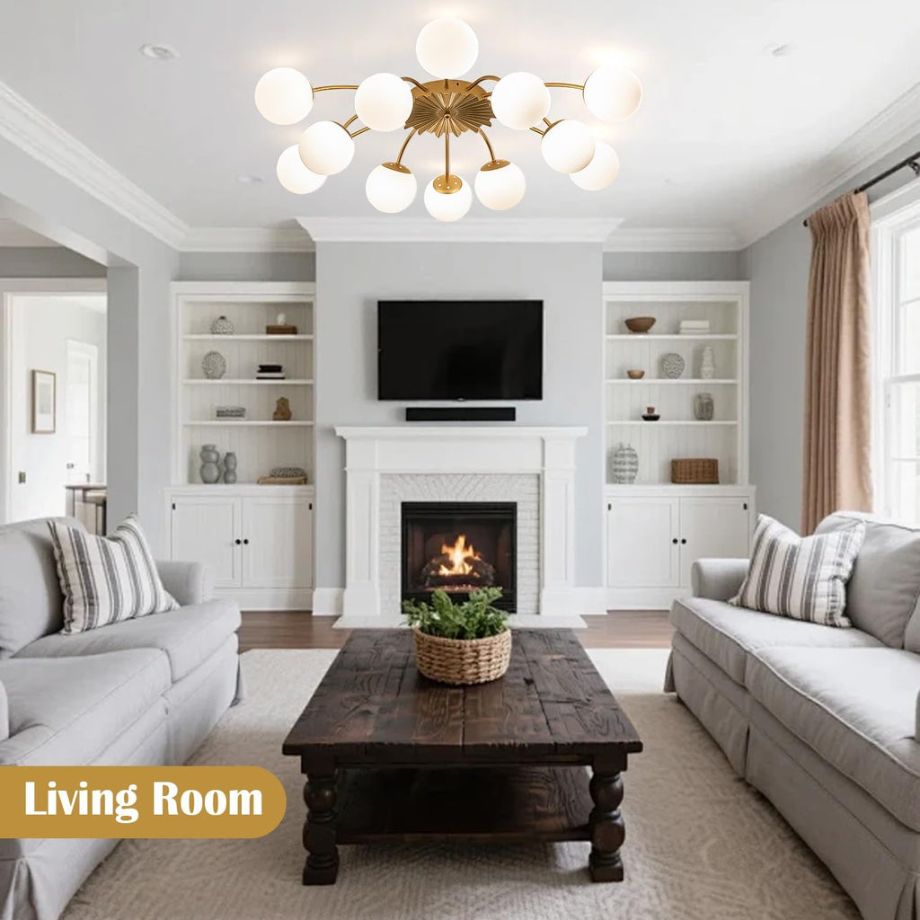 12-Light Milk Glass Pendant Light, 40" Sputnik Bubble Glass Chandelier Light Fixture, Hand Blown Semi Flush Mount
