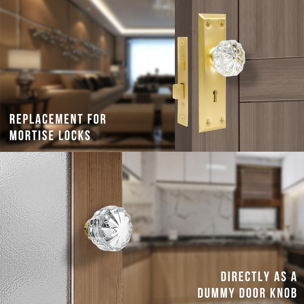 1 Pack Glass Interior Door Knobs, Old Style Door Knob Replacement, Vintage Crystal Door Knobs, Polished Brass Finish