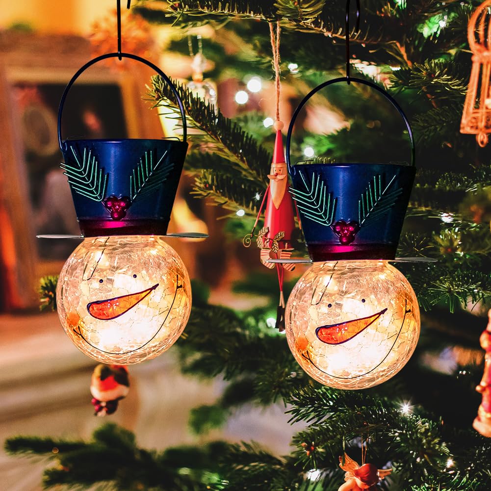 2 Pack Snowman Solar Lanterns, Christmas Outdoor Hanging Lantern Waterproof Decorative Snowman Lights Decor for