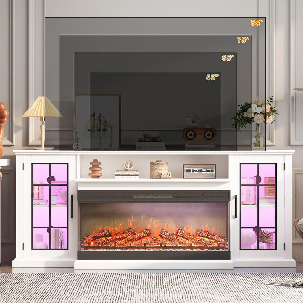 Farmhouse TV Stand for TVs up to 85" - Glass Doors, Storage, Fireplace | 75" Sideboard High-gloss finish, matte body