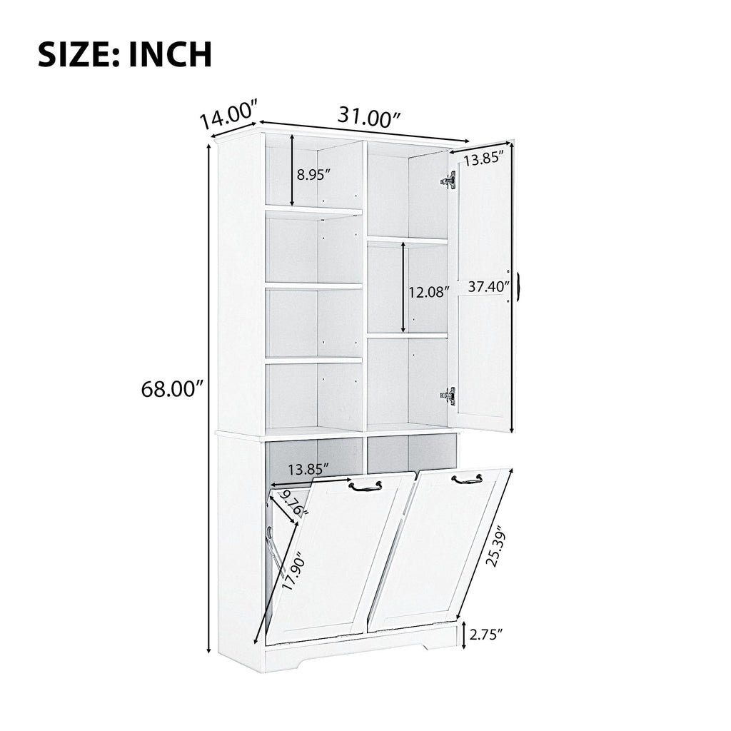 Tall Laundry Cabinet with 2 Tilt Out Laundry Hamper, Wood Bathroom Storage Cabinet with Doors and Adjustable Shelves