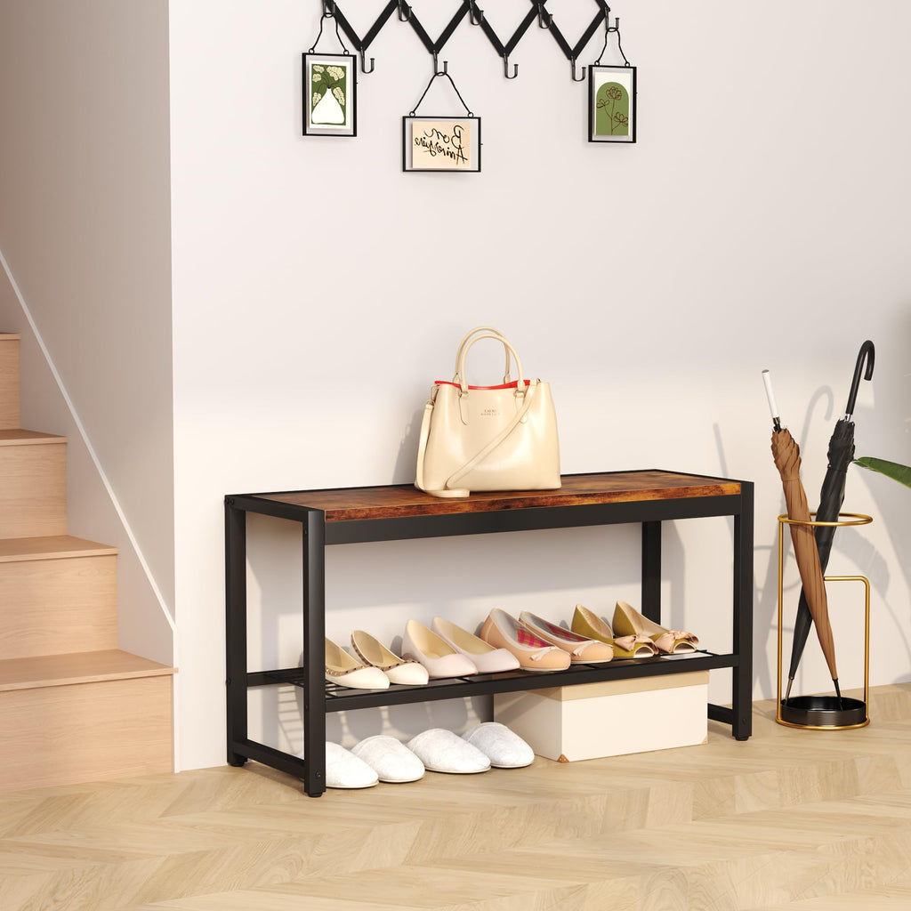 Shoe Bench, Modern Industrial Shoe Storage Bench, Entryway Bench with Mesh Shelf and Sturdy Metal Frame, Metal Shoe