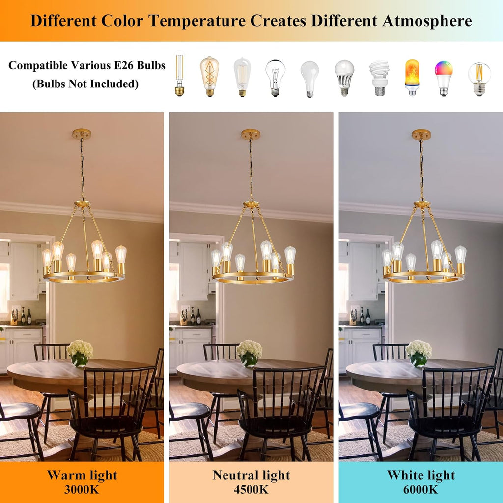 Inspired Camino Style Chandelier - 6 Lights Gold Wagon Wheel Chandelier, Modern Golden Pendant Lights Fixtures for Living Room, Bedroom, Entryway, Foyer, Haning Light with 18.1", E26 Bulbs A105-B0D78CKLVQ