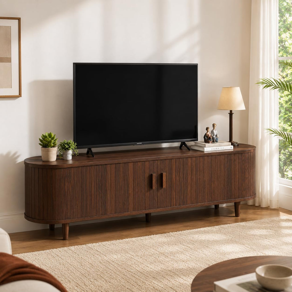 58" Mid-Century Modern TV Stand with Sliding Doors, TV Consoles with Power Outlet, Fluted Entertainment Center with