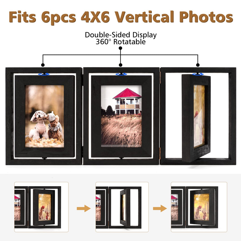 4x6 Picture Frame Rustic Wood Hinged Folding Triple Picture Frames Collage, Double-Sided Display Rotatable High