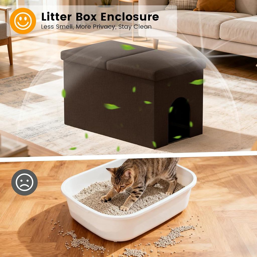 3-in-1 Cat Litter Box Enclosure Furniture, Coffee
