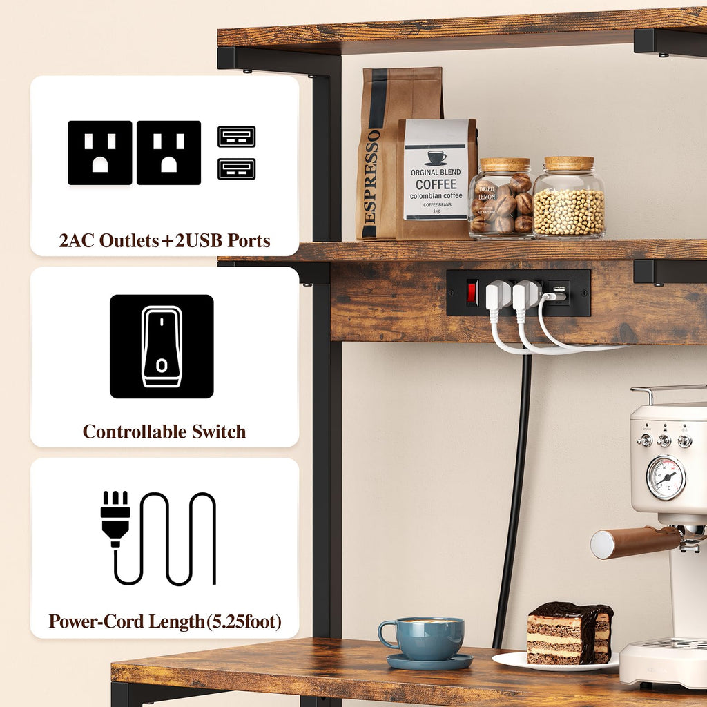 Bakers Rack with Side Table, 5-Tier Coffee Bar with Power Outlets