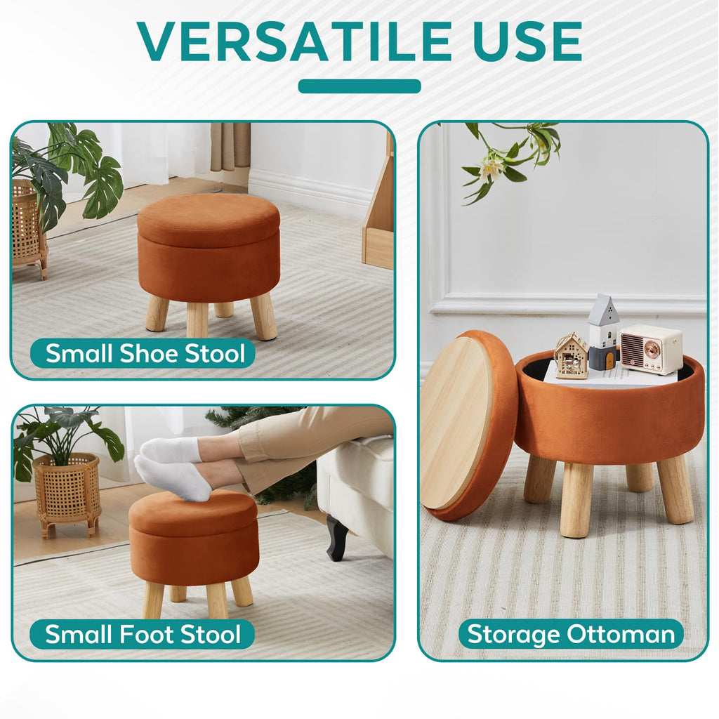 Small Foot Stool Ottoman with Storage, Velvet Ottoman Foot Rest for Couch, Round Footstool with Storage, Small