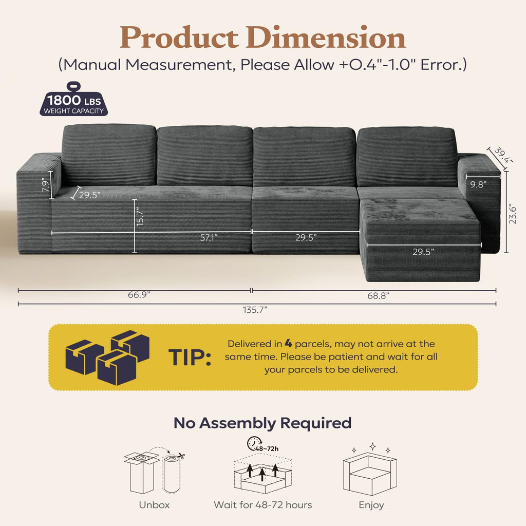 136" Cloud Sectional Couch, Left/Right Facing Convertible Sofa with Deep Seat, L-Shape Modular Upholstered Foam Couch