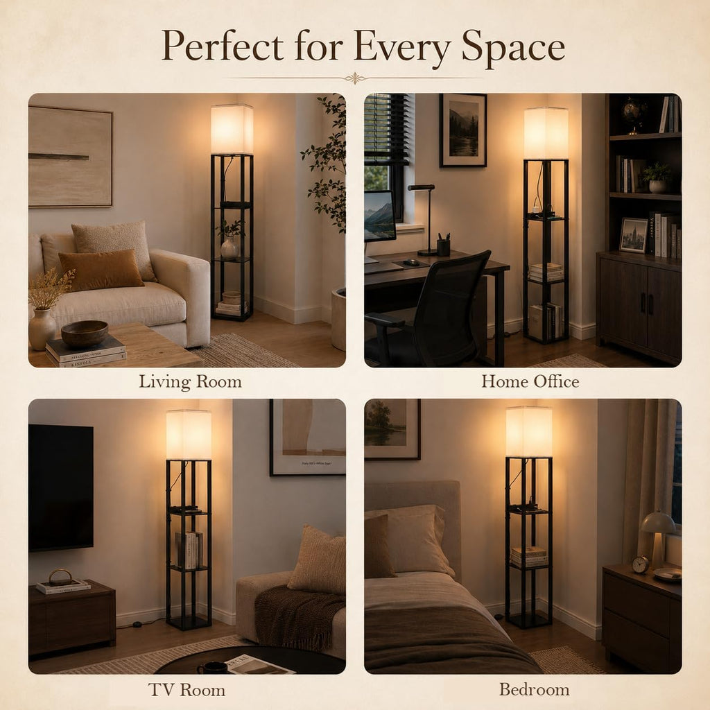 Solid Wood Floor Lamp with Shelves, Dimmable, Remote