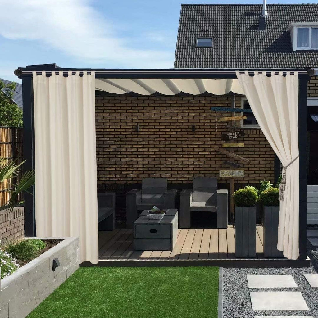 Waterproof Indoor/Outdoor Curtains Thermal Insulated | Sun Blocking Detachable Sticky Tab Top Blackout Curtains