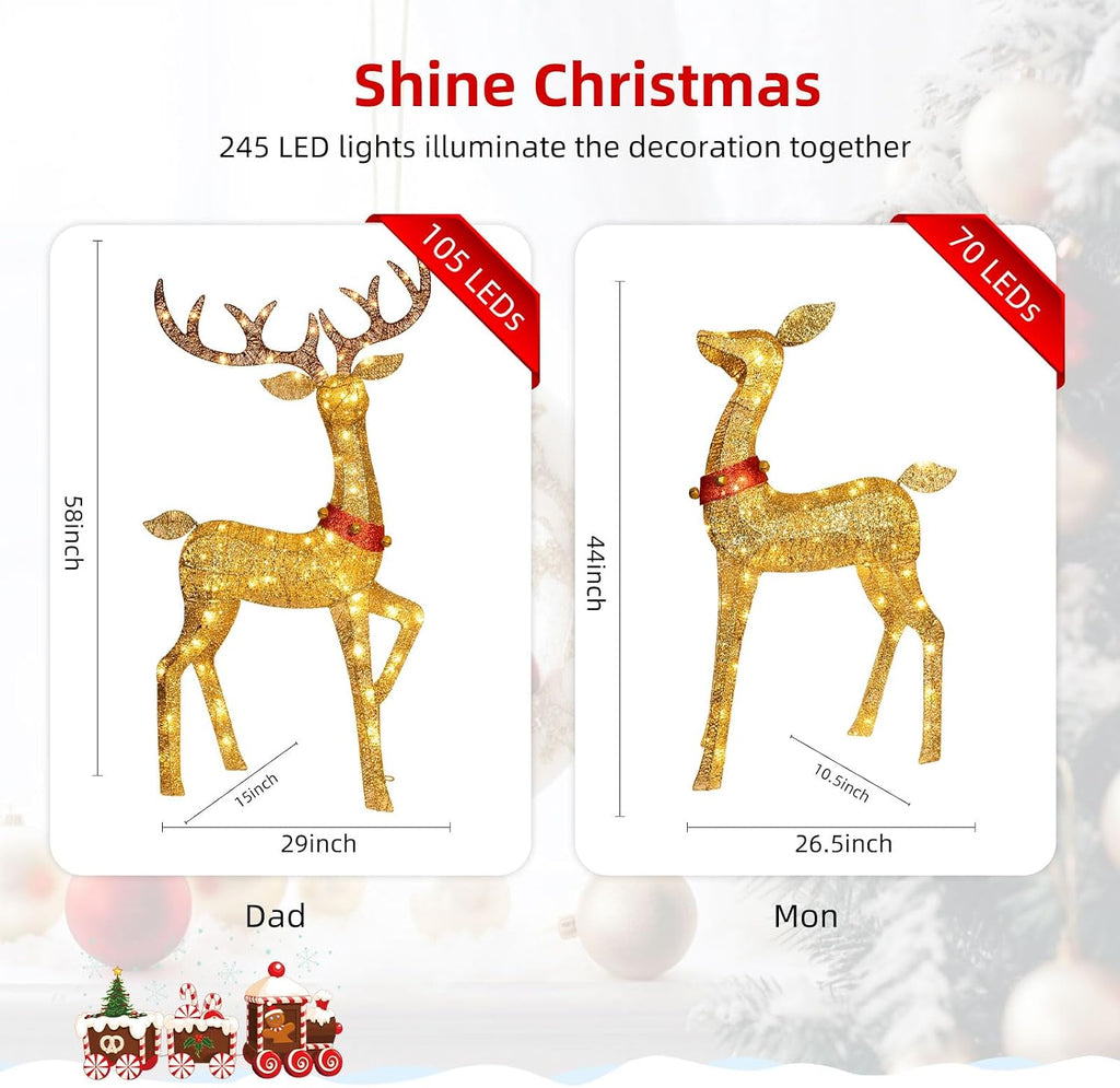 Christmas Decorations Outdoor Reindeer Family - 4-Piece 3D Lighted Deer Set with 245 LED Lights, Yard Christmas Decor