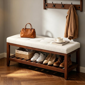 44" Entryway Shoe Bench, Upholstered End of Bed Bench with Solid Wood Shelf, Button Tufted Shoe Bench, Beige
