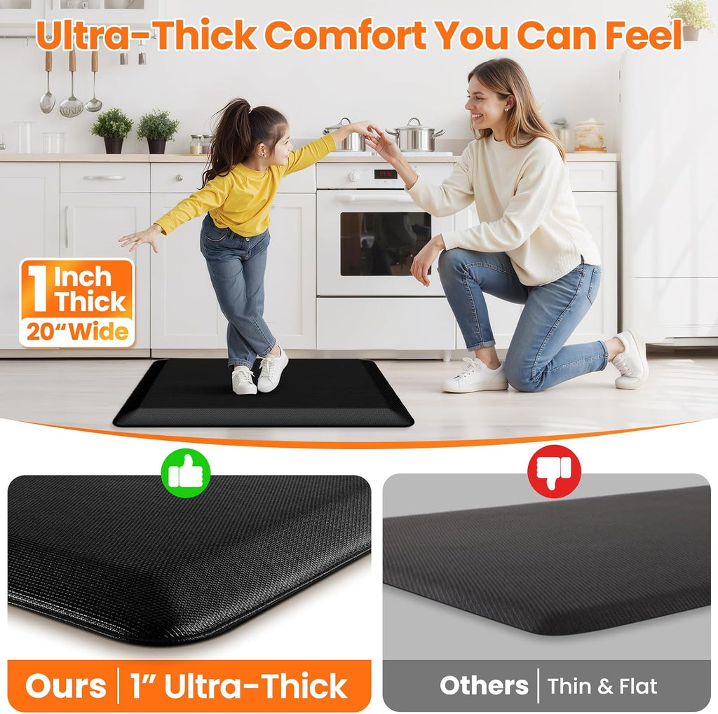 1-Inch Thick Anti-Fatigue Mat and Standing Desk, 20"x32", Black | Extra-thick cushioning, water-resistant surface