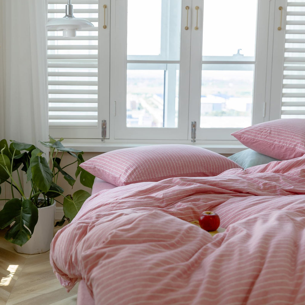 100% Cotton Jersey Knit Striped Duvet Cover, Pink and Off White