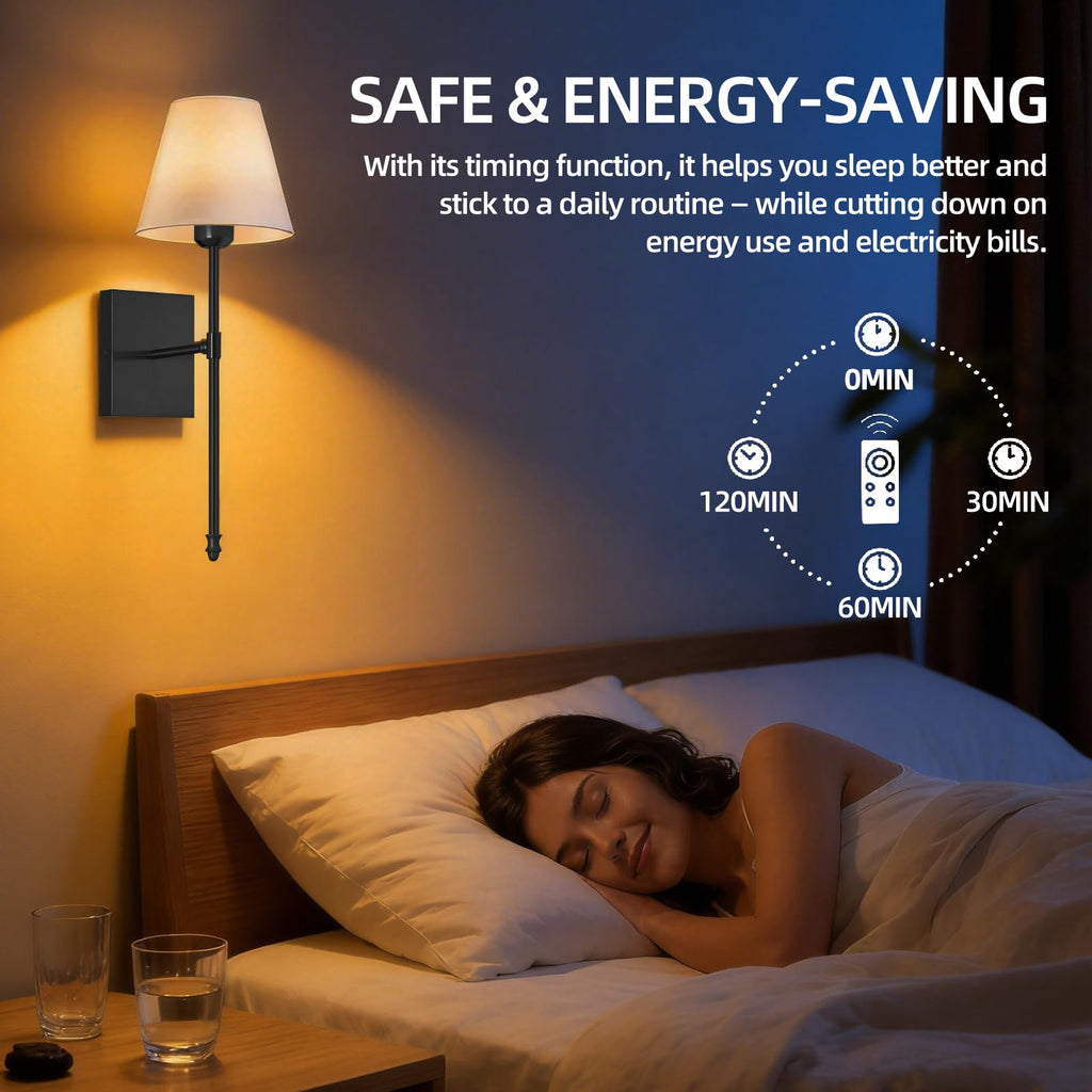 Rechargeable Battery Operated Wall Sconces Set of 2, Black Wireless Fabric Shade Wall Sconce with Remote Control