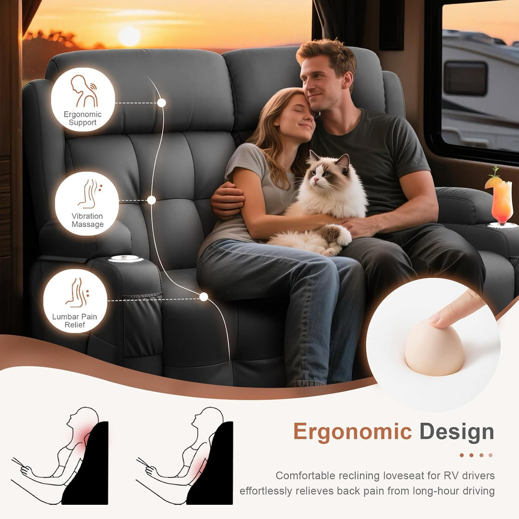 RV Loveseat Recliner Sofa, Massage Wall Hugger Recliners Couch with USB Port, Side Pockets, Cup Holders