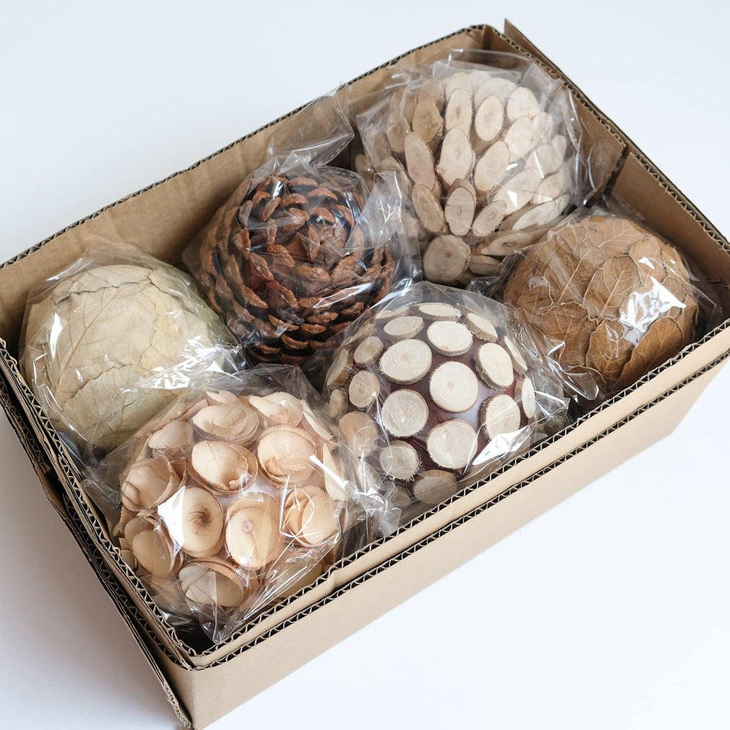 Decorative Balls for Centerpiece, 3.5 Inch Natural Tone Bowl & Vase Fillers Decoration, Dough Basket Fillers - Set of 6