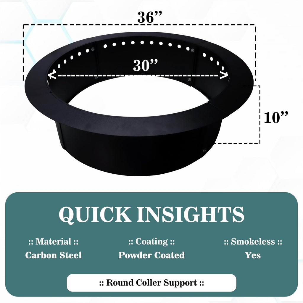 Smokeless Fire Pit Insert - Steel 36" Round Foldable Fire Pit Ring with Air Vents and Coller Support - DIY Fire Ring
