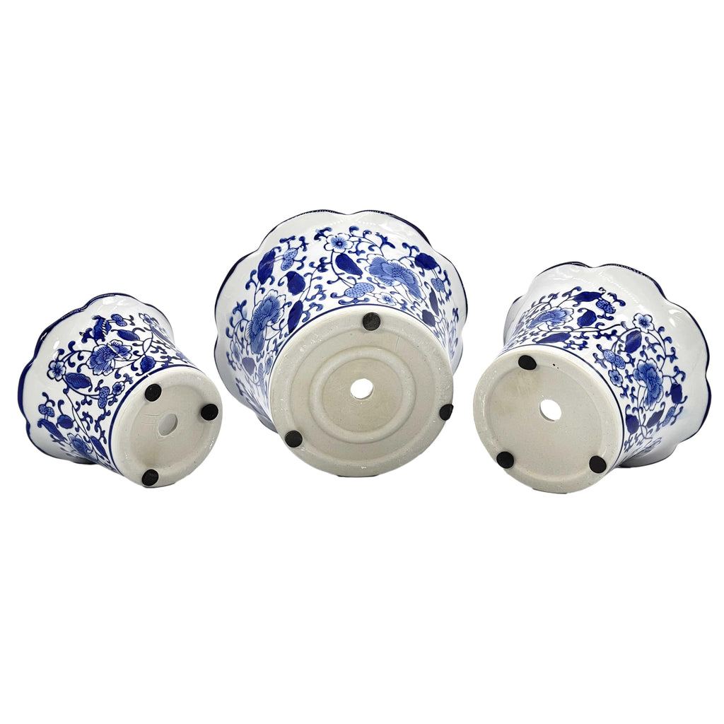 Blue & White Floral Porcelain Ceramic Decorative Flower Pot 8"/6"/4.5" Garden Pots Chinese Asian Design - Set of 3
