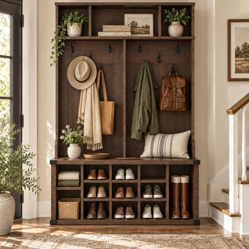 51.2" Hall Tree with Bench and Shoe Storage, Rustic Brown