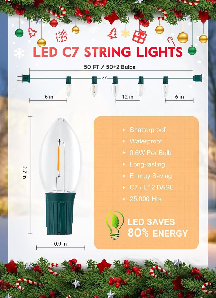 50FT C7 LED Vintage Christmas Lights Outdoor with 52 Bulbs