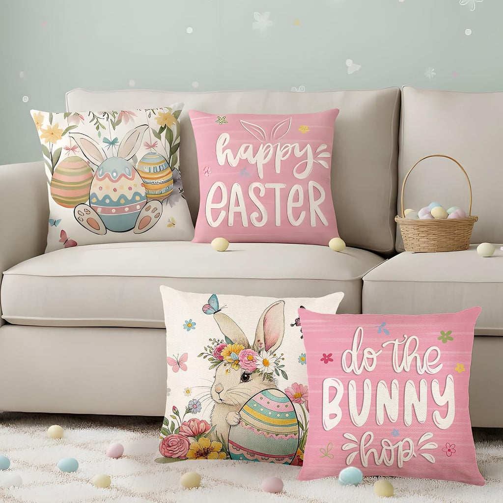 Easter Pillow Covers 18x18, Happy Easter Spring Pillow Cases, Spring Home Decor for Couch, Farmhouse Party - Set of 4