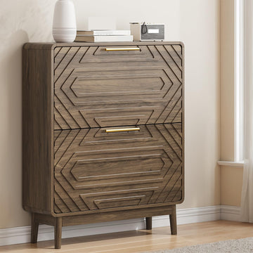 Shoe Cabinet with Fluted Flip Drawers, 31.5" w Narrow Shoe Storage Cabinet, Hidden Freestanding Shoe Organizer Rack