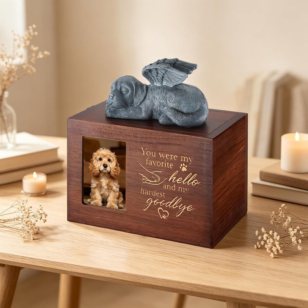 Pet Urn for Dogs Wooden Ashes Keepsake Memory Box with Photo Frame Pet Loss Sympathy Remembrance Cremation Urns