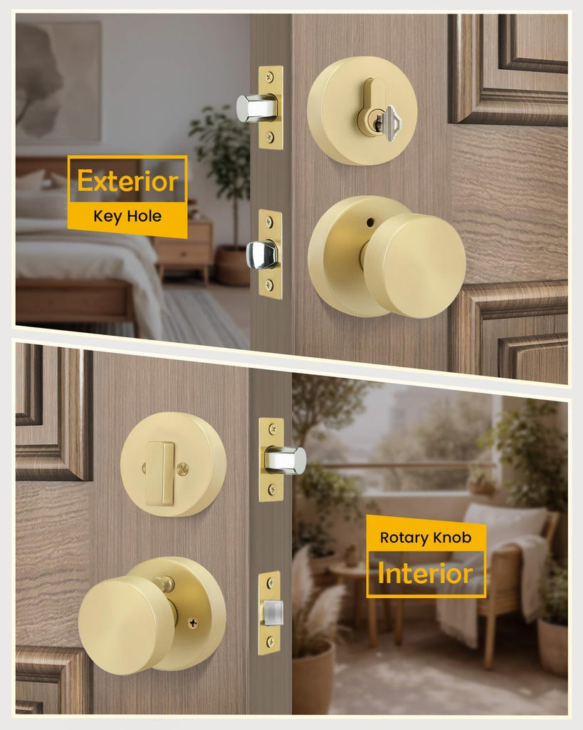 Gold Door Knob with Deadbolt, Exterior Front Door Knobs and Single Cylinder Deadbolt, Matte Black Front Door Locks