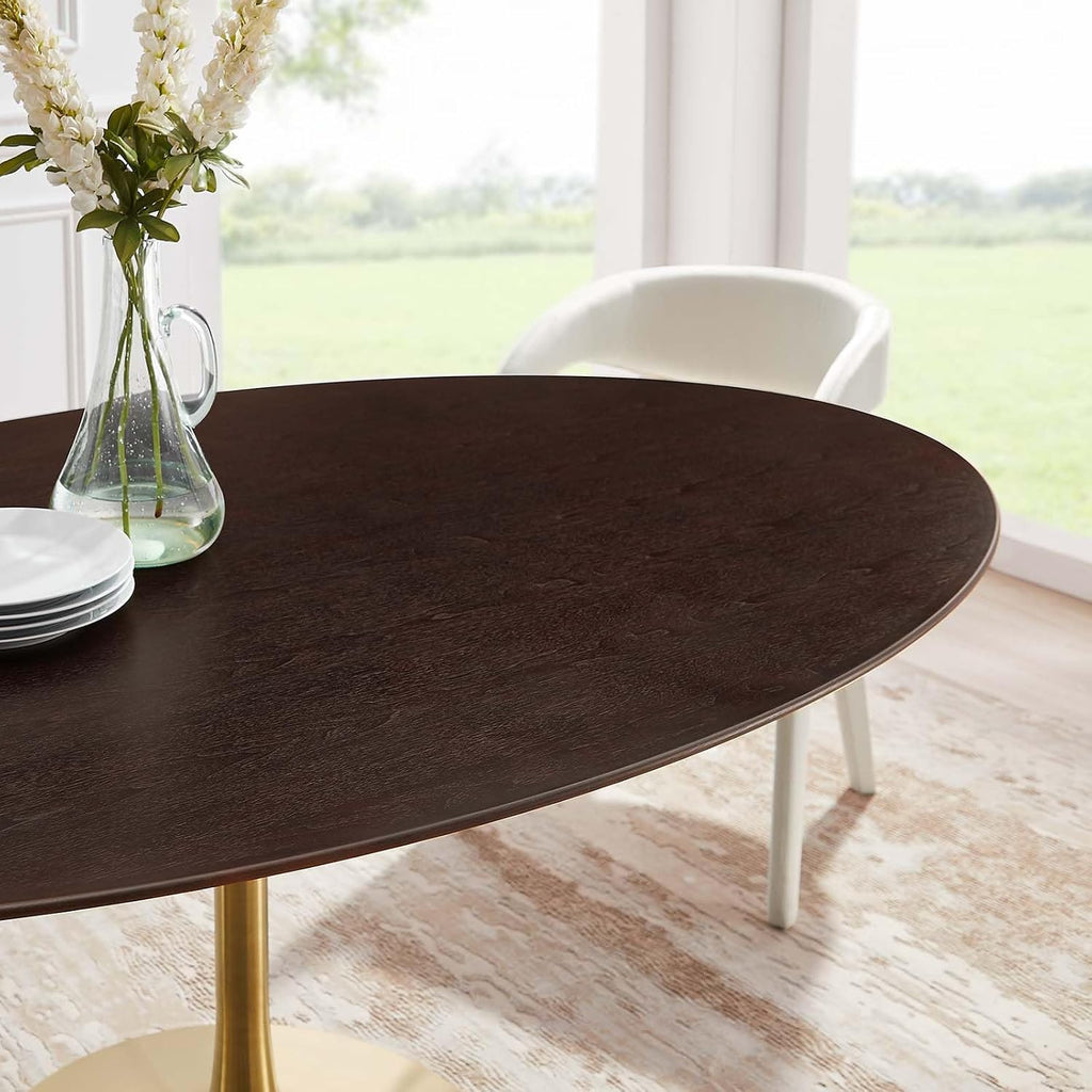 Inspired Tulip Style Oval Pedestal Dining Table — Gold Cherry Walnut, 78″ Oval
